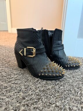 Liliana Black Ankle Boots with Gold Spike Toe and Buckle
